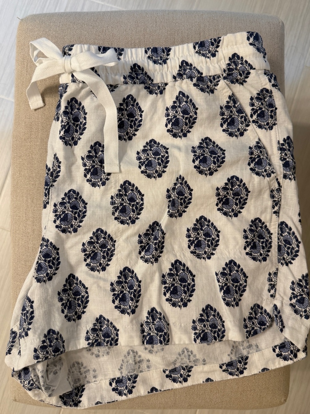 J. Crew White Linen Shorts with Navy Floral Print